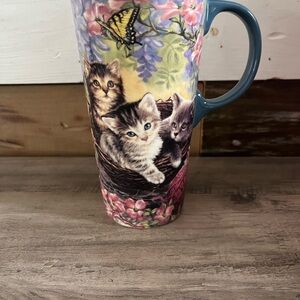 Ceramic Floral Cat Mug with Blue Handle